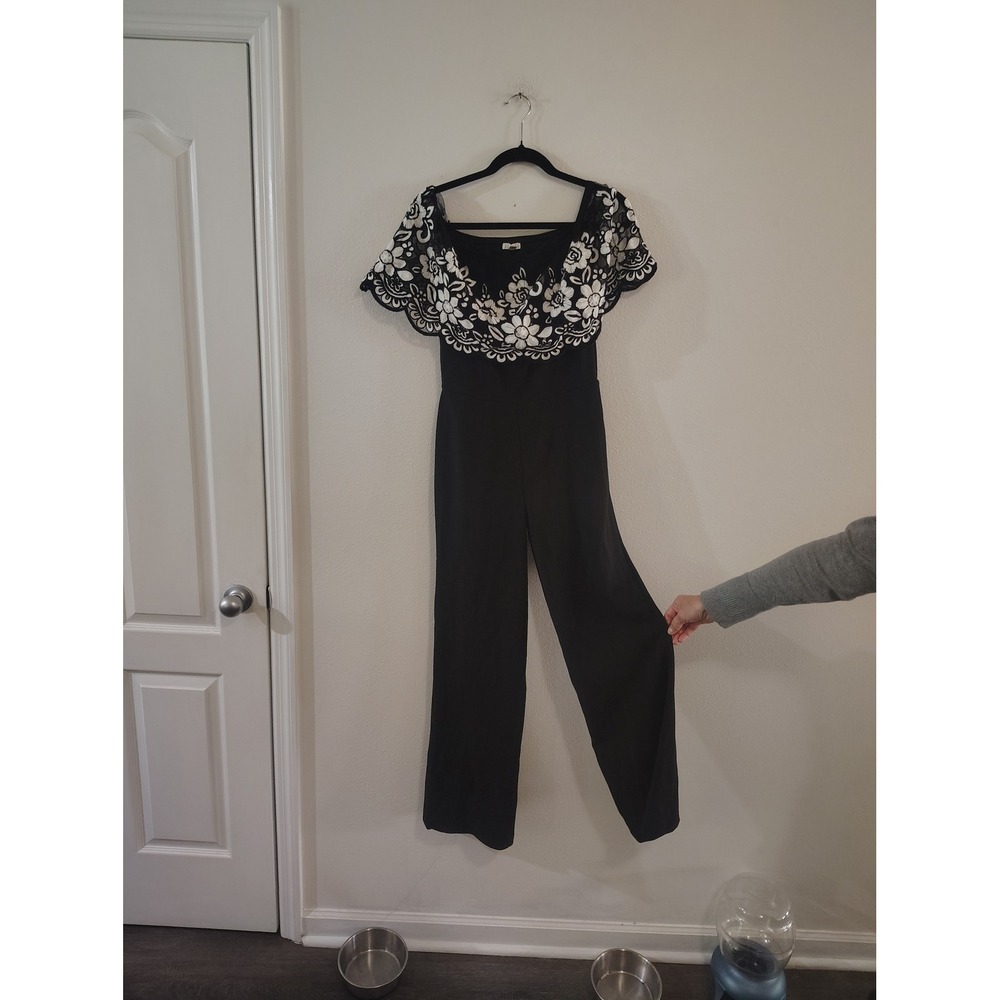 Spense Womens Black Off Shoulder Floral Lace Embroidered Wide Leg Jumpsuit XS